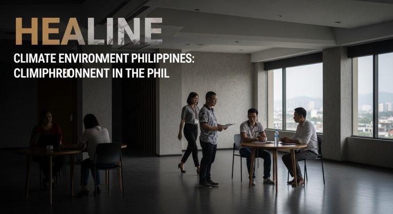 Coastal Philippine community implementing climate resilience measures with mangroves and solar panels.