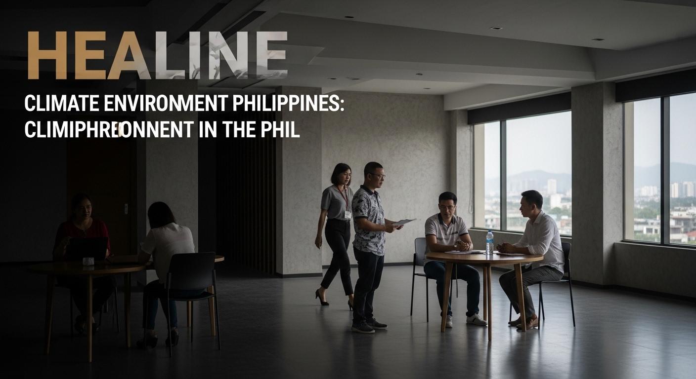 Coastal Philippine community implementing climate resilience measures with mangroves and solar panels.