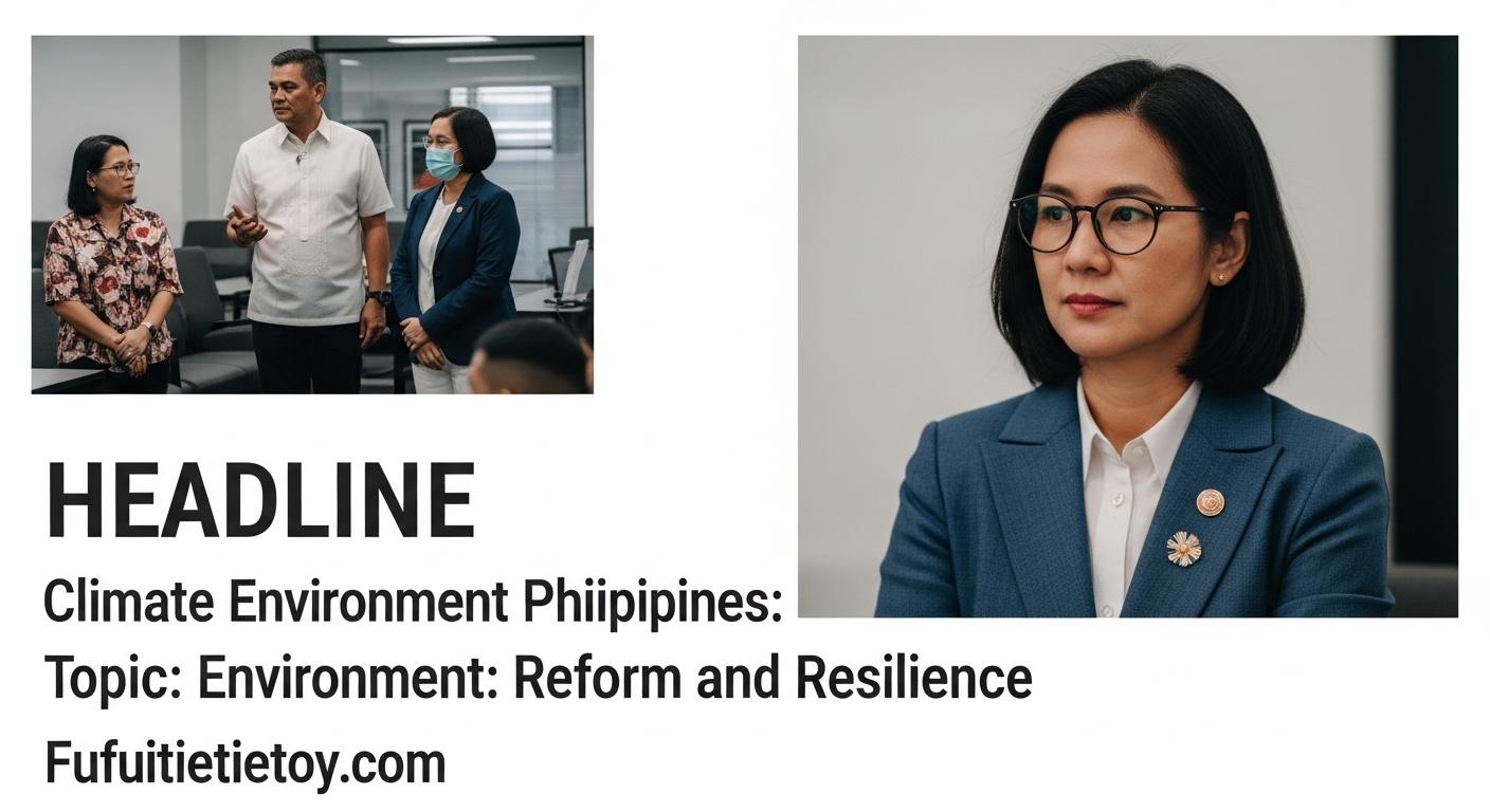 Wind turbines and solar panels along a Philippine coastline with a resilient urban center.