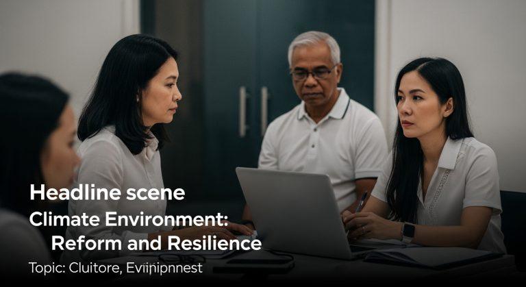 Wind turbines and solar panels along a Philippine coastline with a resilient urban center.