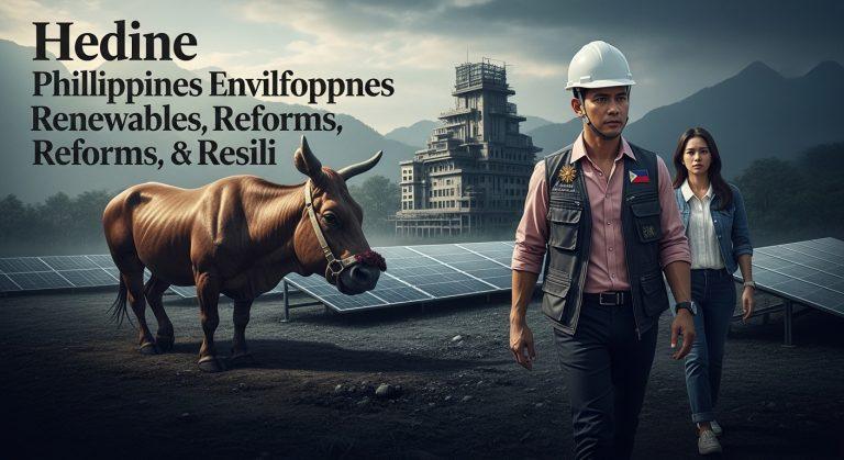 Wind turbines and solar arrays on a Philippine landscape representing renewable energy transition.