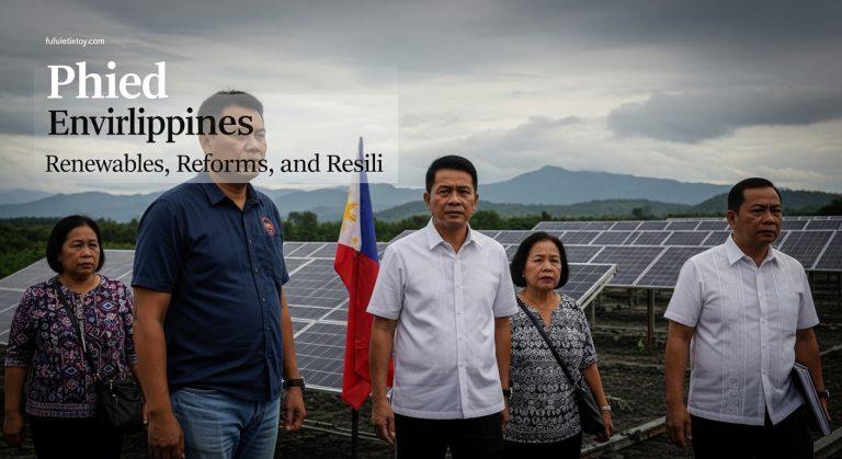 Wind turbines and solar arrays on a Philippine landscape representing renewable energy transition.