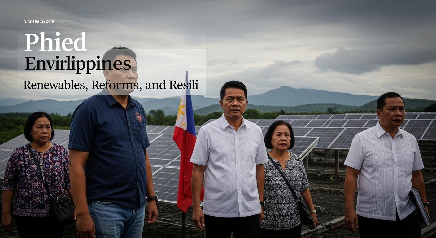 Wind turbines and solar arrays on a Philippine landscape representing renewable energy transition.