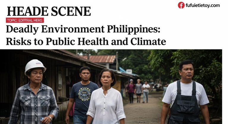 Waste workers at a Philippine landfill amid tropical urban backdrop and stormy weather