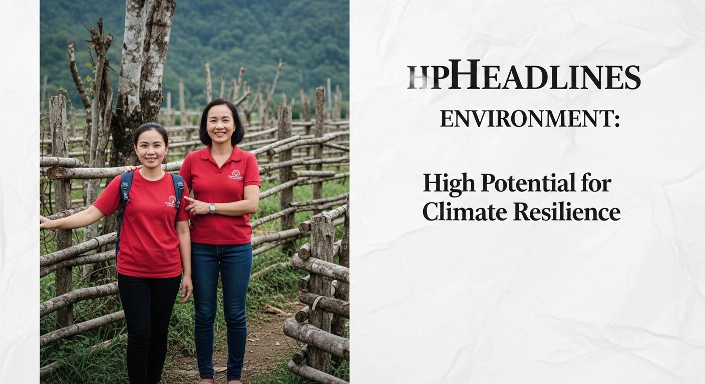 Coastal mangroves and rainfall over a Philippine village symbolizing climate resilience.