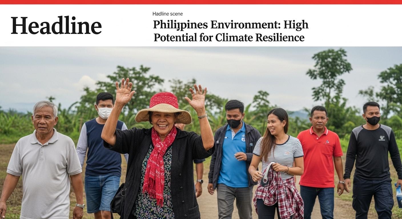 Coastal mangroves and rainfall over a Philippine village symbolizing climate resilience.