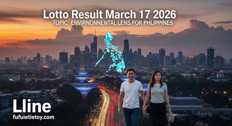 Philippines skyline at dusk featuring climate resilience infrastructure and lottery numbers overlay