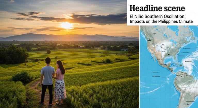 Philippines climate scene with sunny skies and ENSO indicators