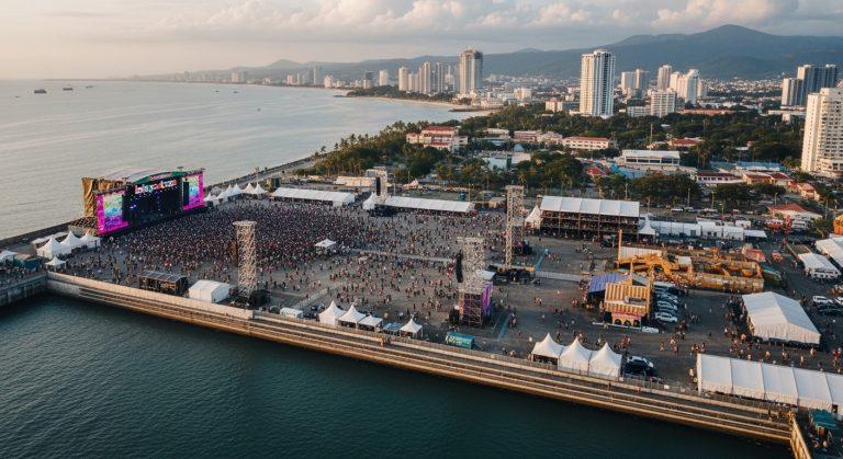 Coastal city festival with sustainability imagery and climate data